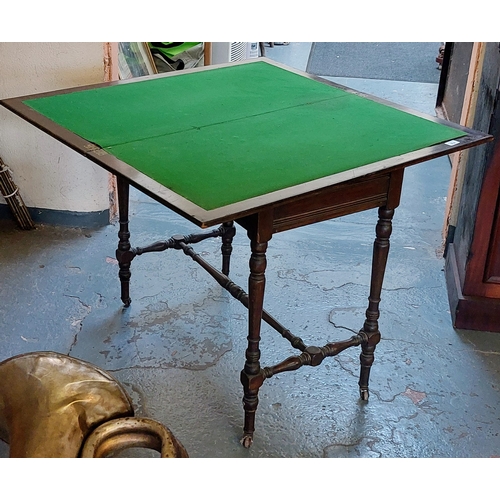 914 - Mahogany Turn Over Leaf Card Table on Turned Legs and Stretcher Base with Drawer to One End - C. 92c... 