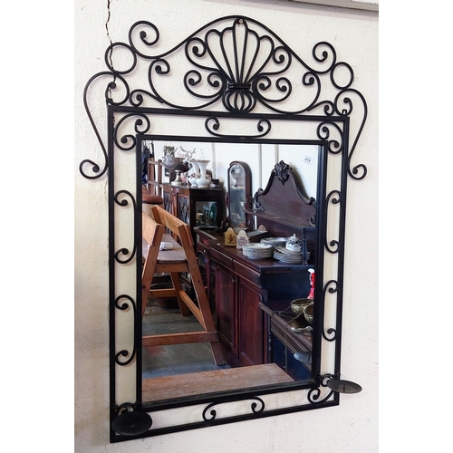 919 - Wrought Iron Frame Mirror with Candle Holders - C. 76cm W x 104cm H