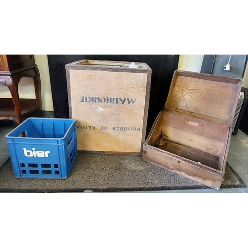 922 - Tea Chest, Sloped Document Box & Blue Bier Crate