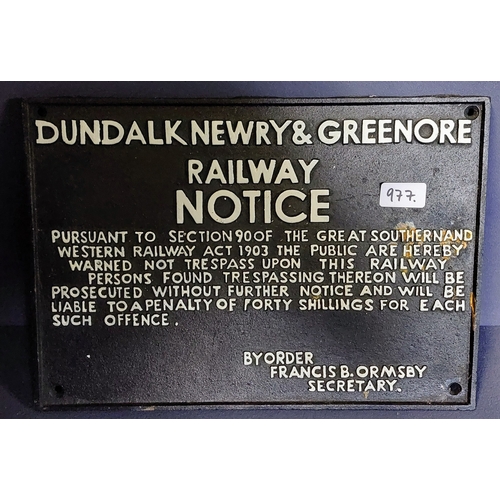 977 - Dundalk, Newry & Greenore Railway Notice Cast Metal Sign - C. 39cm W x 27cm H