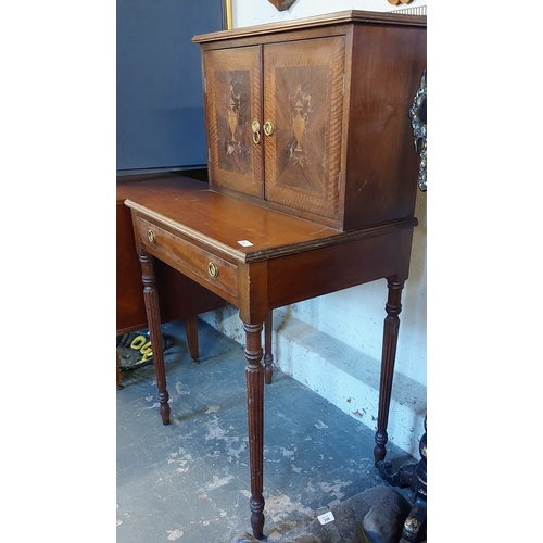 294 - Inlaid Mahogany Cabinet / Desk with Brass Gallery Rail - C. 66cm W x 59cm D x 120cm H