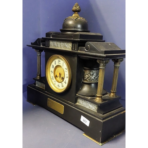 377 - Slate and Brass Mantle Clock - With Inscription Enniskillen Post Office Presentation 1908