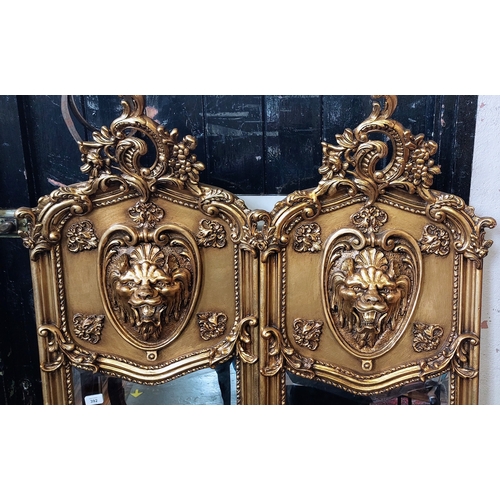 392 - Pair of Narrow Gilt Decorative Lion Head Bevelled Mirrors - C. 180cm H x 49cm W