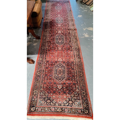 176 - Hand Knotted Indian Wool Red Runner Rug - C. 400cm x 87cm