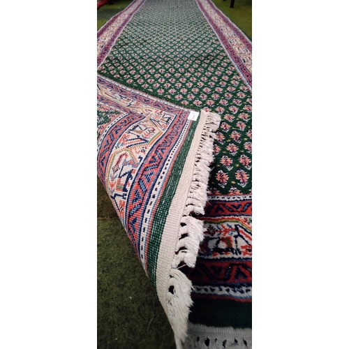 627 - Green Woolen Hand Knotted Indian Runner Rug - C. 300cm x 83cm