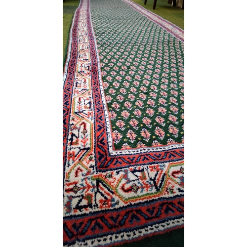 627 - Green Woolen Hand Knotted Indian Runner Rug - C. 300cm x 83cm