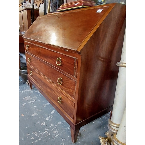 305 - Mahogany Writing Bureau with 3 Brass Handle Drawers - C. 112cm W x 59cm D x 100cm H