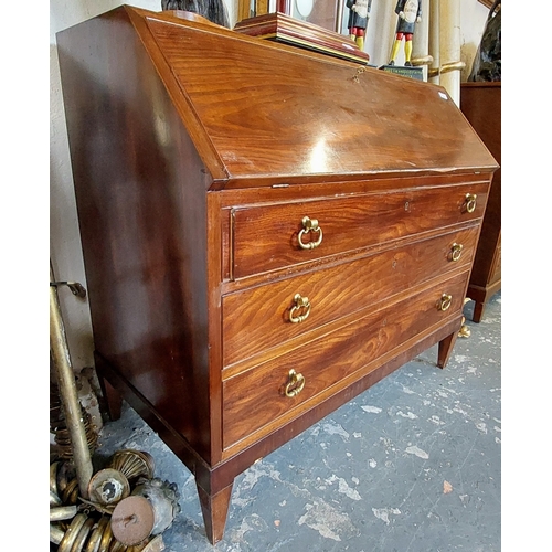 305 - Mahogany Writing Bureau with 3 Brass Handle Drawers - C. 112cm W x 59cm D x 100cm H