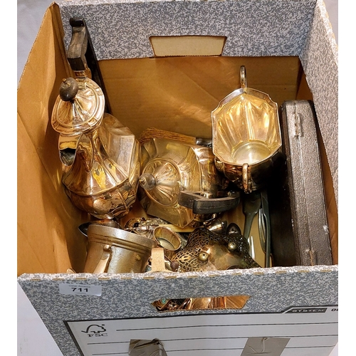 711 - Good Box of Silver Plate Items inc Teapot, Dishes etc