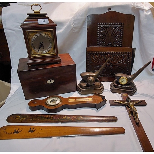 712 - Good Box of Treen to Include a Victorian Rosewood Tea Caddy, Clock by Weirs etc