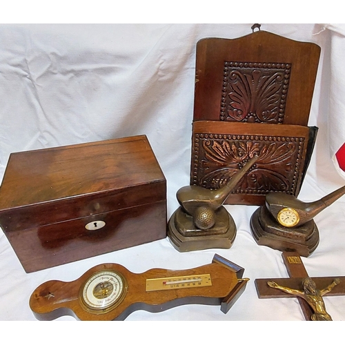 712 - Good Box of Treen to Include a Victorian Rosewood Tea Caddy, Clock by Weirs etc