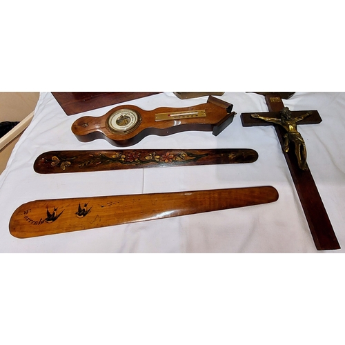 712 - Good Box of Treen to Include a Victorian Rosewood Tea Caddy, Clock by Weirs etc