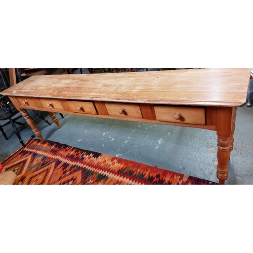 122 - Long Pine Library / Serving Table with 5 Dual Aspect Drawers - C. 242cm W x 51cm D x 79cm H