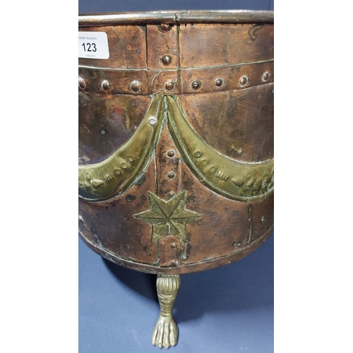 123 - Heavy Brass and Copper Pad Foot Coal Bucket - C. 35cm H x 33cm W