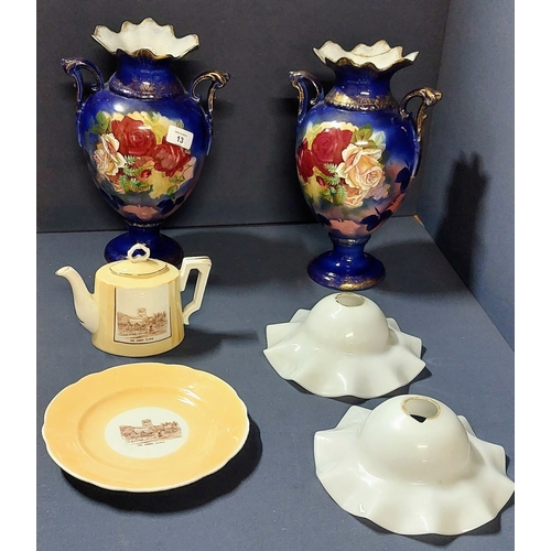 13 - Shelf lot of Collectibles a Pair of Vases, Glass Light Shades & a Sligo Abbey Plate and Teapot