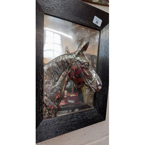 20 - Pair of Framed Pronounced Silver Plated Horses Heads - C. 33cm W x 41cm H