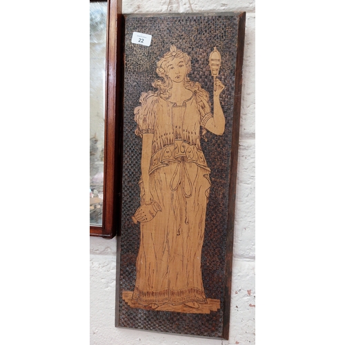 22 - Framed Wooden Mirror (50cm H x 59cm H) & Pokerwork Plaque of Grecian Lady (25cm W x 67cm H)