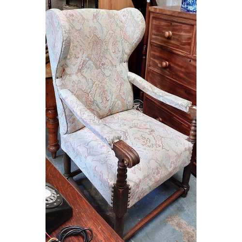 58 - Upholstered Oak Wing Back Armchair