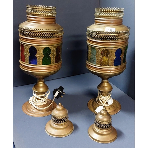 136 - Pair of Moroccan Brass Lamps with Coloured Glass - C. 59cm H