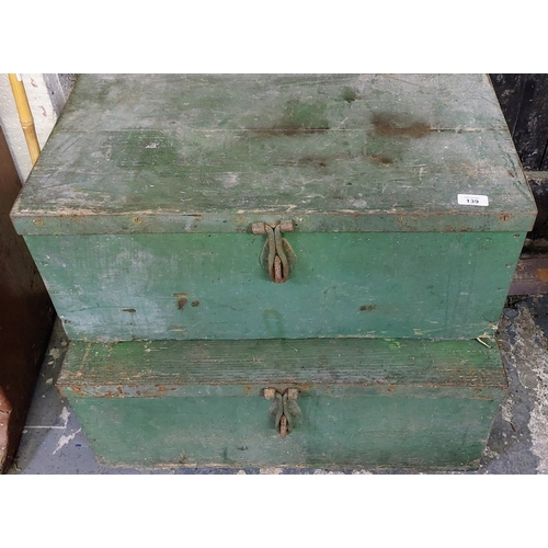 139 - 2 Green Painted Metal Bound Military Style Pine Trunks - C. 27cm H x 68cm W x 39cm D