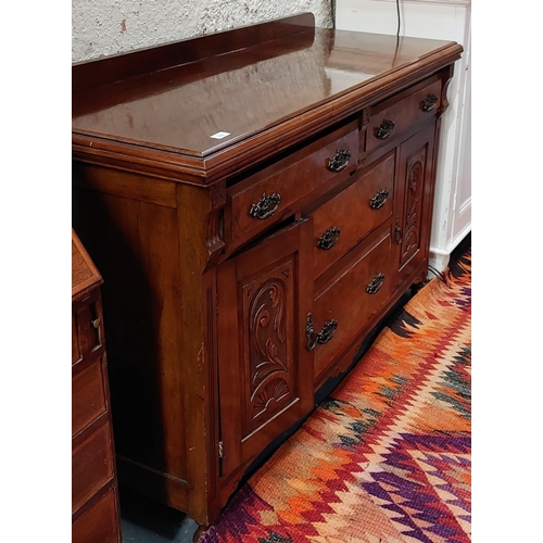 167 - Mahogany 4 Drawer Walnut Veneer Sideboard with Carved Panel Doors - C. 140cm W x 51cm D x 9cm H