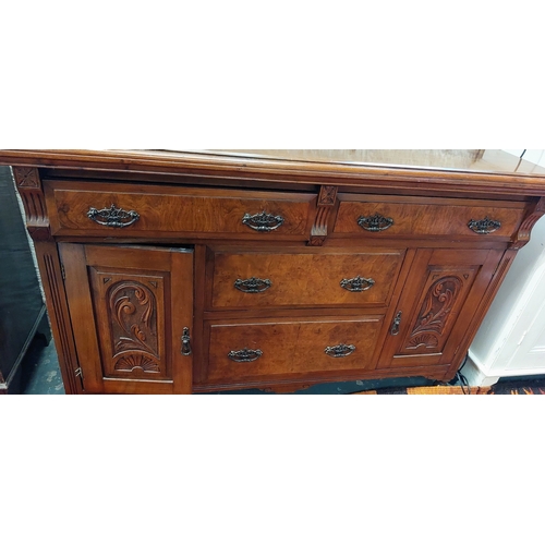 167 - Mahogany 4 Drawer Walnut Veneer Sideboard with Carved Panel Doors - C. 140cm W x 51cm D x 9cm H