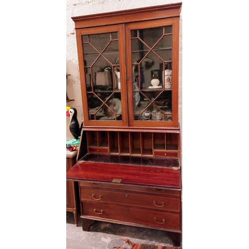 170 - Edwardian Inlaid Mahogany Astral Glazed Bureau Bookcase with 4 Drawers - C. 90cm W x 41cm D 195cm H