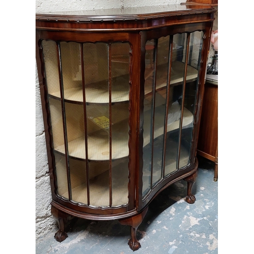 179 - Mahogany Kidney Shaped Glazed Display Cabinet on Ball and Claw Feet - C. 108cm W x 40cm D x 122cm H