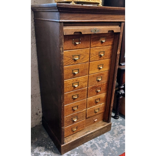 231 - Tambour Front Oak Document Cabinet with 16 Drawers - C. 62cm W x 50cm D x 115cm H