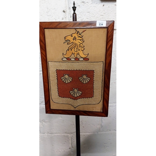 234 - 19th Century Inlaid Mahogany Pole Screen with Heraldic Crest