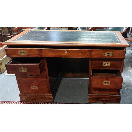 97 - Campaign Style Desk with Gilt Tooled Leather Top - C. 129cm W x 61cm D x 78cm H