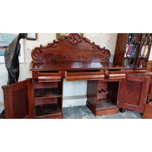 308 - Mahogany Pedestal Base Chiffonier with Acanthus Leaf Carvings - C. 160cm W x 56cm D x 150cm H