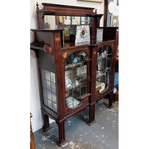 340 - Art Nouveau Leaded Glass Display Cabinet with Floral Inlay - C. 140cm W x 41cm D x 160cm H