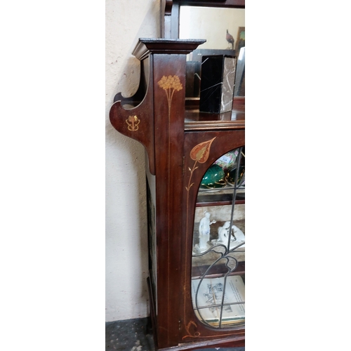 340 - Art Nouveau Leaded Glass Display Cabinet with Floral Inlay - C. 140cm W x 41cm D x 160cm H