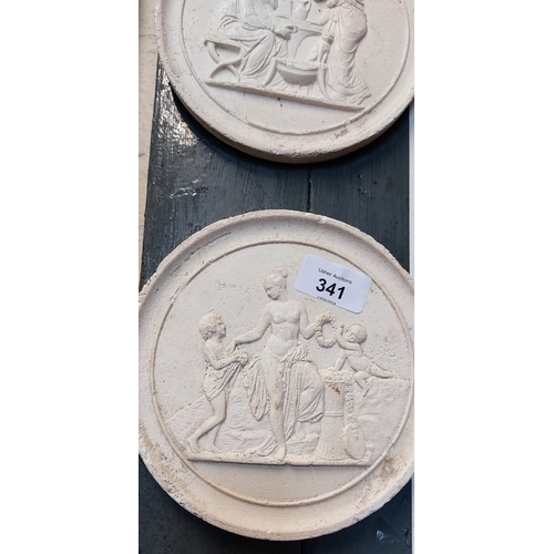 341 - 3 Grecian Scene Round Plaster Moulds - C. 17cm W