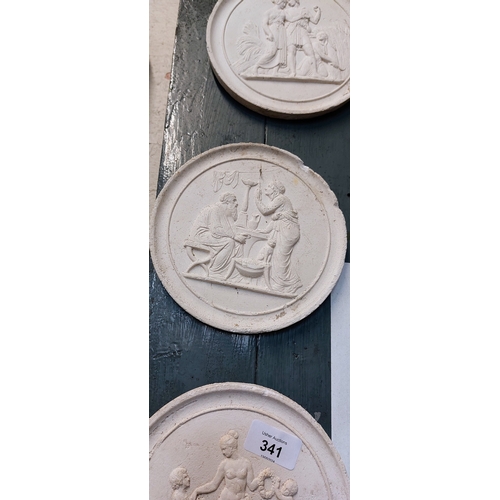 341 - 3 Grecian Scene Round Plaster Moulds - C. 17cm W