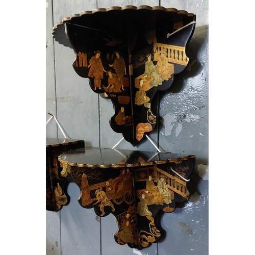 343 - 3 Edwardian Oriental Papier Mache Folding Wall Shelves - C. 26cm W