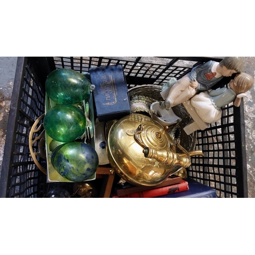 349 - Good Box of Collectibles inc Blown Glass, Brass Teapot, Nao Figure etc