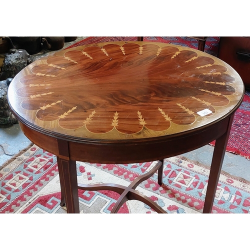 352 - Oval Inlaid Rosewood Occasional Table on X-Frame Stretcher - C. 72cm W x 60cm D x 73cm H