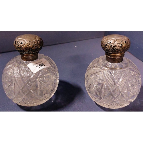 358 - Pair of Silver Top Cut Glass Perfume Bottles