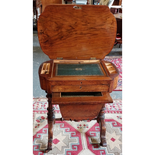 376 - Inlaid Walnut Writing / Work Box with Gilt Tooled Leather Sitting on a Turned Stretcher Base - C. 63... 