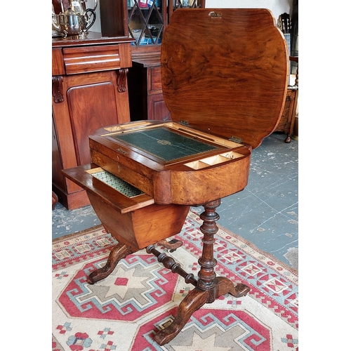 376 - Inlaid Walnut Writing / Work Box with Gilt Tooled Leather Sitting on a Turned Stretcher Base - C. 63... 