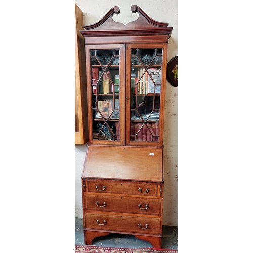 389 - Edwardian Inlaid Mahogany Bureau Bookcase with Astral Glazed Doors and 3 Drawers - C. 76cm W x 40cm ... 