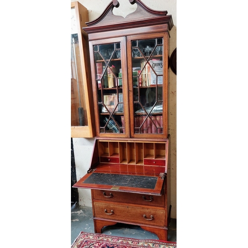 389 - Edwardian Inlaid Mahogany Bureau Bookcase with Astral Glazed Doors and 3 Drawers - C. 76cm W x 40cm ... 