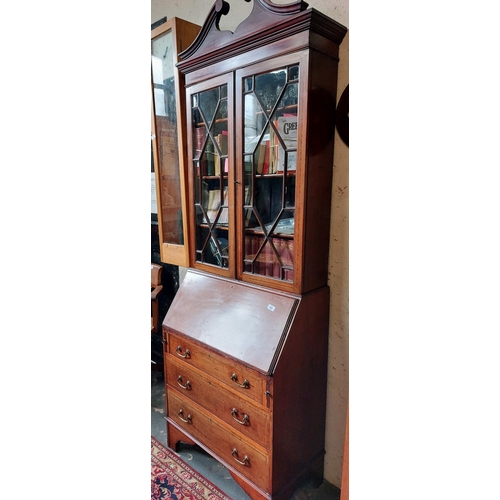 389 - Edwardian Inlaid Mahogany Bureau Bookcase with Astral Glazed Doors and 3 Drawers - C. 76cm W x 40cm ... 