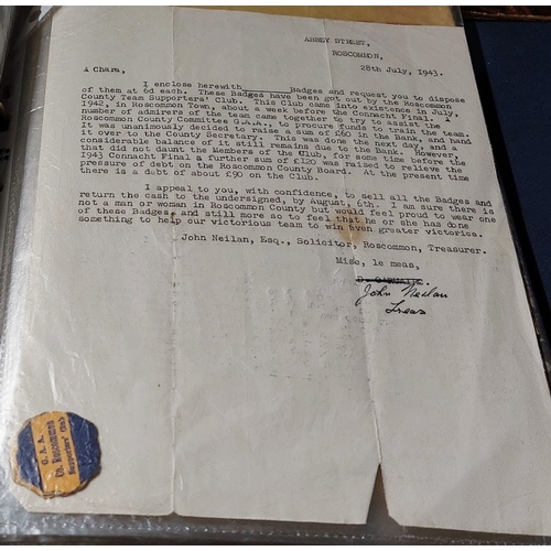 400 - Folder of Irish Ephemera inc Roscommon County GAA Supporter Badges 1943, Nationalist Leitrim & Sligo... 