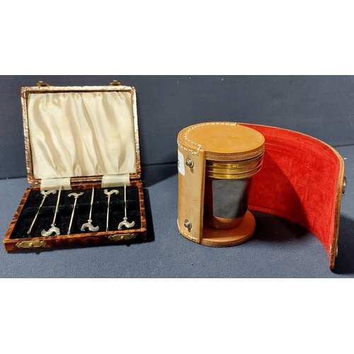 422 - Leather Cased Set of Stirrup Cups & Cased Set of Rooster Top Silver Plate Cocktail Sticks