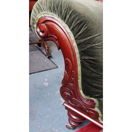 444 - Victorian Carved Mahogany Chaise Lounge with Green Velour Upholstery - C. 190cm W