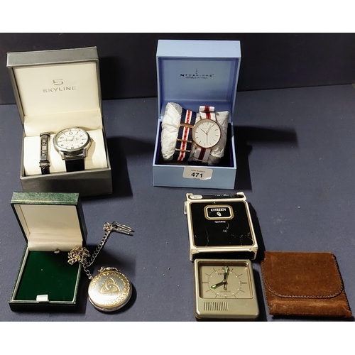 471 - Newbridge & Skyline Gents Watches & Rovada Pocket Watch & Citizen Travel Clock