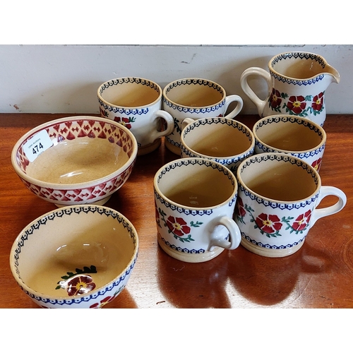 474 - Nice Collection of Mosse Pottery Inc. 6 Coffee Mugs, Jug, 2 Bowls